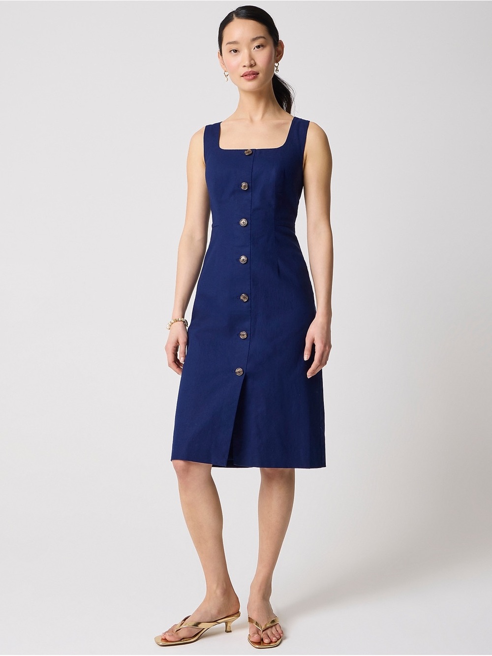 NWT J.Crew Linen Cotton Button Front Midi Dress Navy Size 0 Square Neck Office